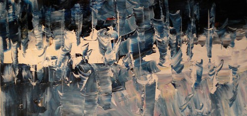 Pale blue and cream marks below dark upright forms