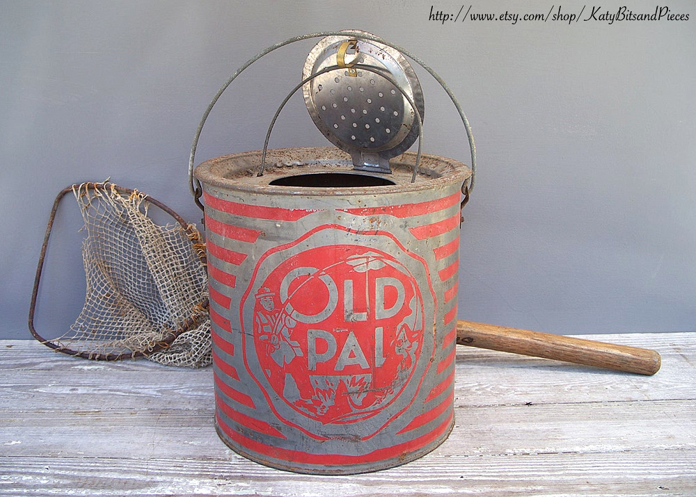 vintage old pal minnow bait bucket red stripe metal fishin…