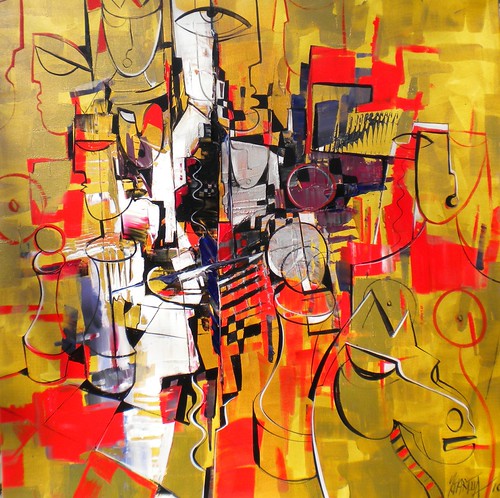 Tall angular chess-like figures on bright yellow