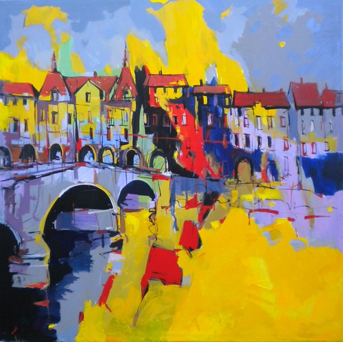Bridge and buildings amid bright yellow and blue