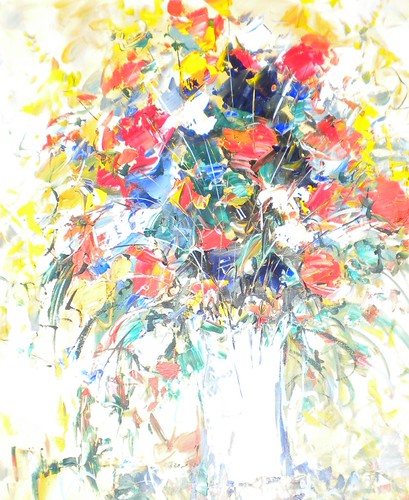 Bright bouquet in a pale vase