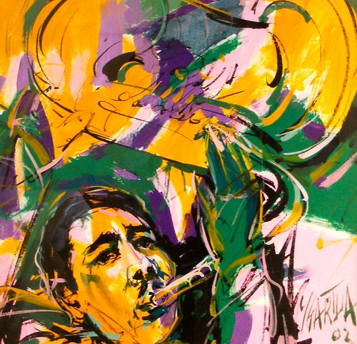 Overlapping musician portraits in green and yellow