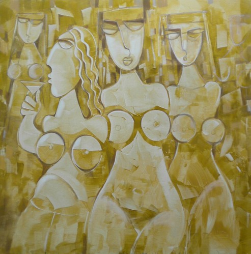 Three pale figures on yellow-green