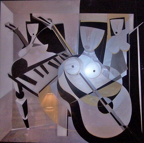 Two silver-toned angular musicians with instruments