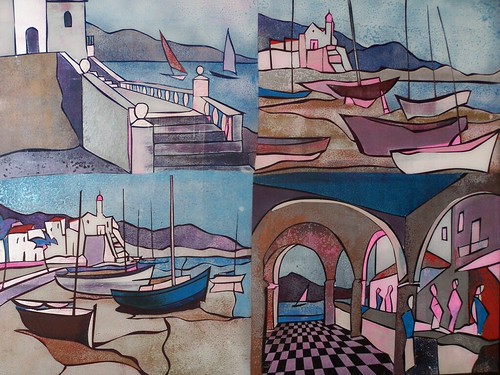 Boats, arches and waterfront buildings in four panels