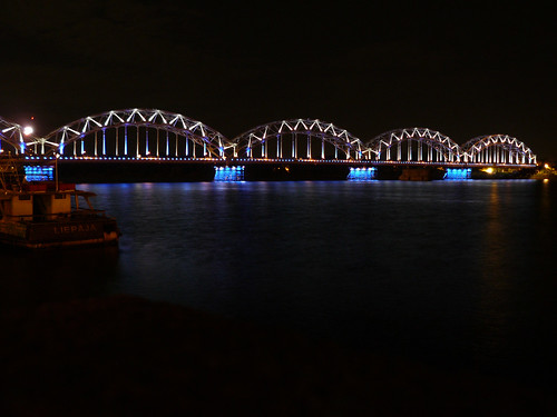 bridge night river europe latvia riga daugava