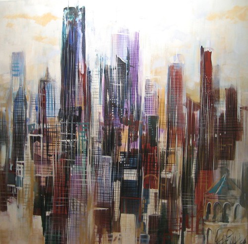 Vertical skyline with varied warm and cool towers