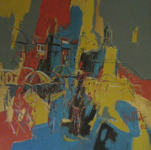 Angular townscape in red, blue and yellow