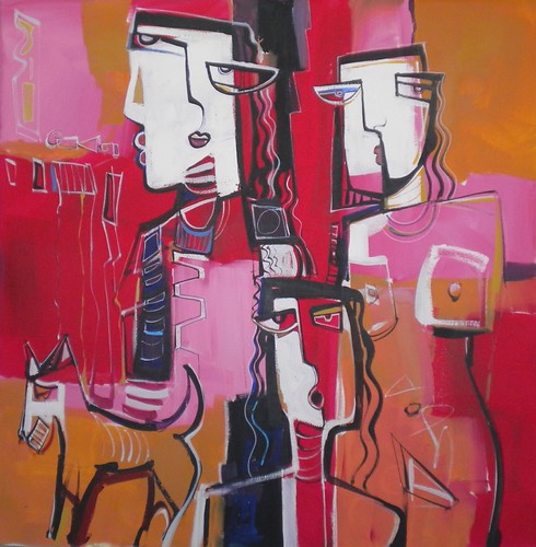 Three angular faces against pink and orange