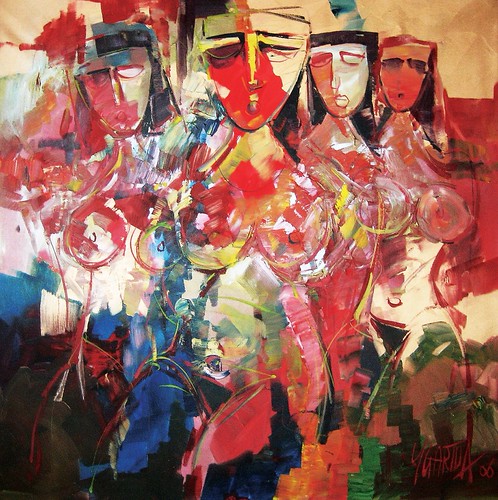 Group of angular figures in red and white