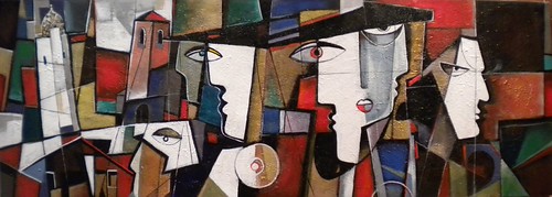 Wide mural of angular faces in earthy colours