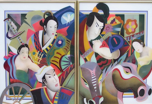 Two-panel composition of figures and musical instruments