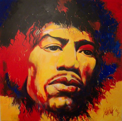 Close-up musician portrait in red, yellow and black
