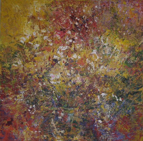 Dense delicate floral marks in gold and violet