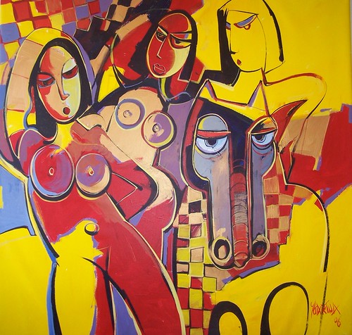 Female figure and horse in red and yellow