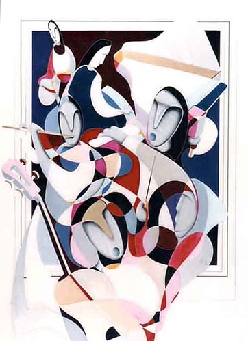 Black and white angular musician figures