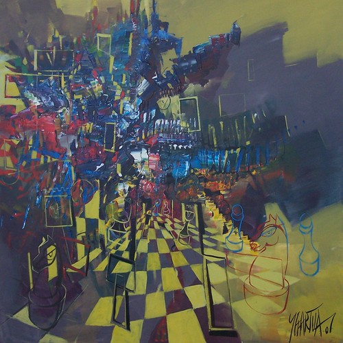 Dense figures above a yellow and black board