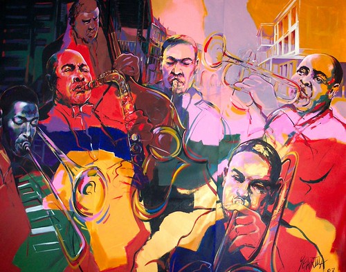 Group portrait of musicians with faces and instruments