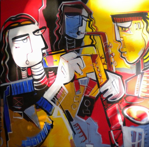 Group of faces among bright geometric blocks