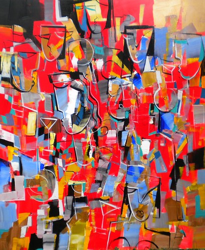 Crowded figures and blocks in red and blue