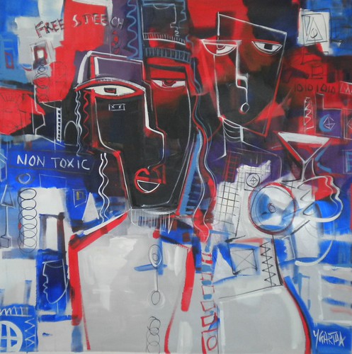 Faces and outlined figures on blue and red