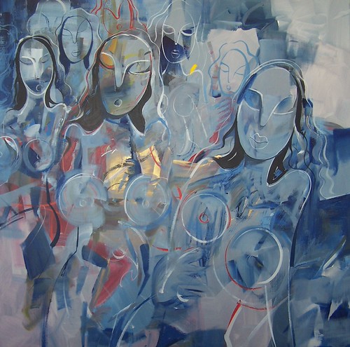 Group of pale figures in cool grey-blue