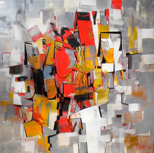 Geometric figure amid red, yellow and grey blocks
