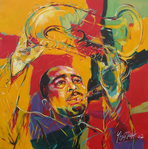 Smiling musician portrait with orange and yellow brushwork