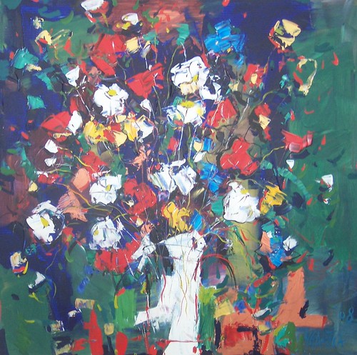 White and red flowers against deep green