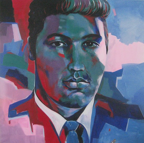 Dark-haired singer portrait in blue and pink