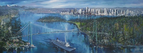 Wide view of a bridge and wooded harbour