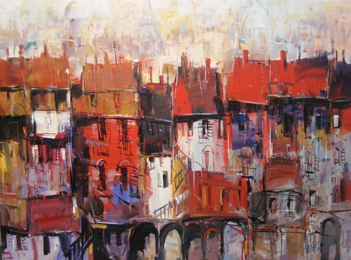 Red roofs and buildings in layered colour