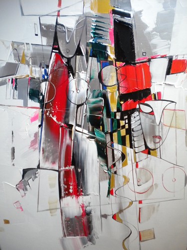 Elongated geometric figure in red, black and white