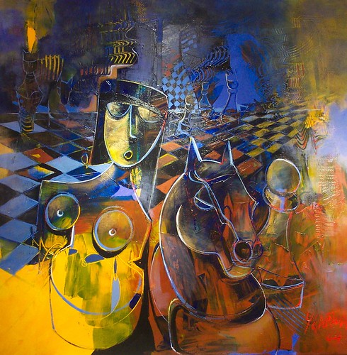 Queen-like figure and horse head on a blue board