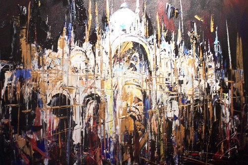 White domed architecture glowing against dark paint