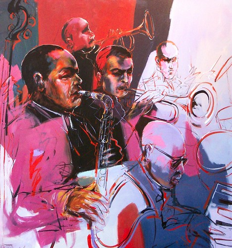 Musicians and a saxophone layered over red and pale pink