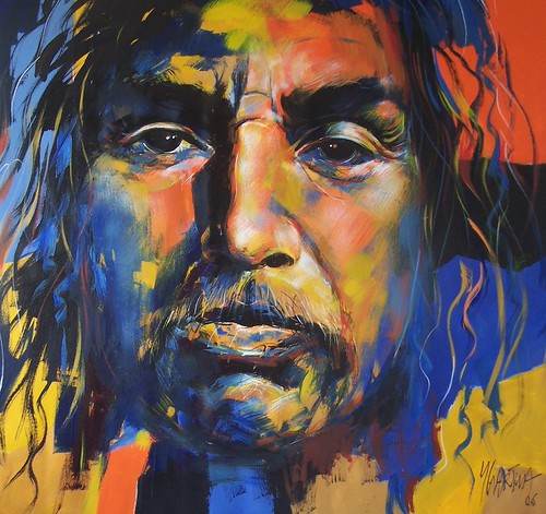 Close-up face with dark blue and yellow strokes