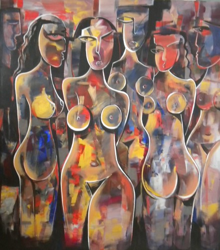 Standing figures with warm outlined forms