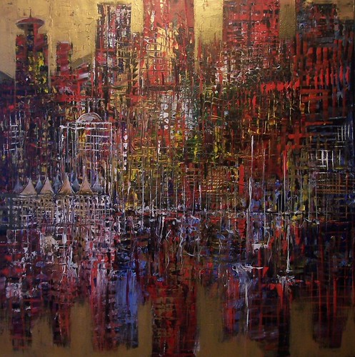 Red and golden skyline with dense reflections
