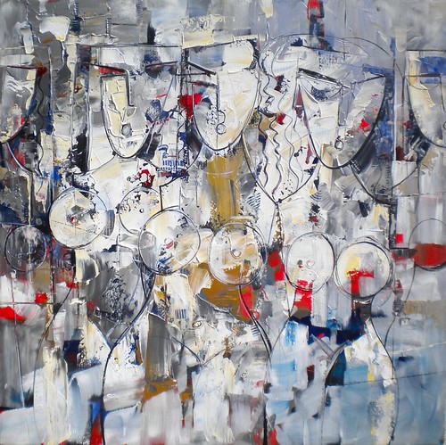 Group of angular figures in black, white and red