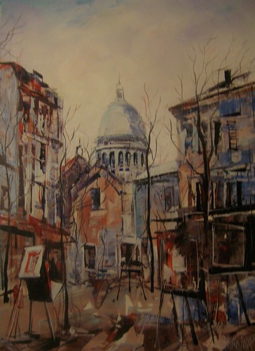 Street buildings receding towards a domed roof