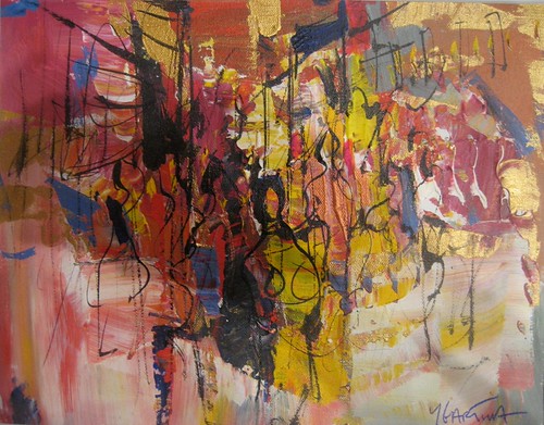 Red and yellow abstract figures with dark outlines