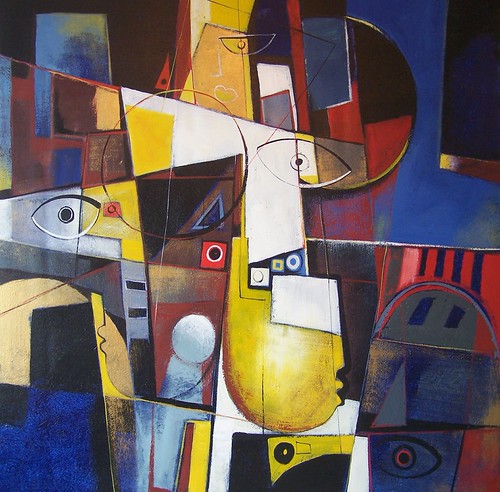 Angular figures arranged among colourful rectangular shapes