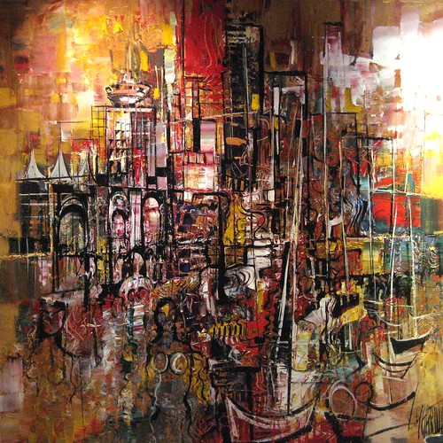 Dense golden city buildings with black outlines