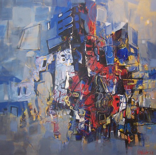 Layered chess-like forms in blue, red and grey