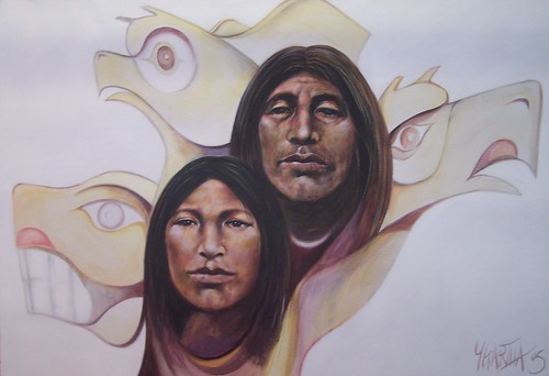 Two portraits before pale birdlike forms