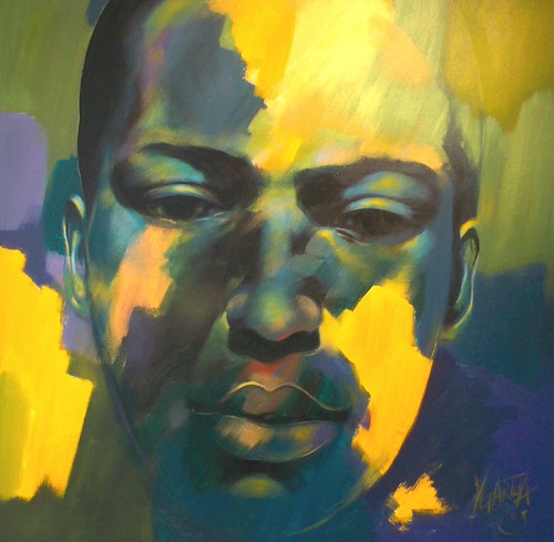 Musician portrait in green, yellow and dark blue