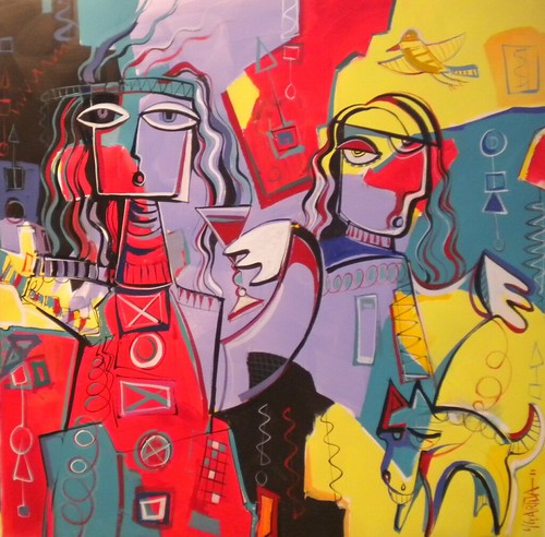 Angular faces with red, yellow and pink blocks