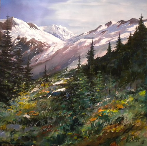 Snow-covered mountains above evergreen forest
