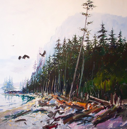 Driftwood beach beside a line of evergreens